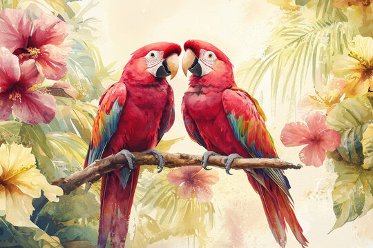 Vibrant red parrots perched on branch, surrounded by lush tropical flowers and greenery, create lively and colorful scene that evokes sense of joy and natures beauty