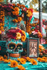 A decorative arrangement of flowers surrounds a skull inside a picture frame