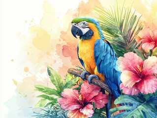 A colorful parrot perched among vibrant tropical flowers, showcasing its striking blue and yellow feathers. scene is filled with lush greenery and bright hibiscus blooms, creating lively atmosphere