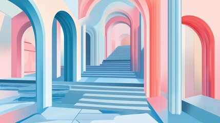 Line art illustration featuring arches and stairs in pastel blue complemented by an abstract geometric background in soft pastel colors