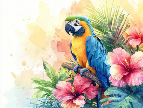 A colorful parrot perched among vibrant tropical flowers, showcasing its striking blue and yellow feathers. scene is filled with lush greenery and bright hibiscus blooms, creating lively atmosphere