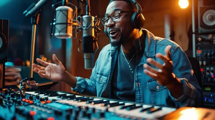 A cheerful DJ or radio DJ with headphones performs at a lively party, mixing music into a microphone in a studio surrounded by professional recording equipment and musical instruments.