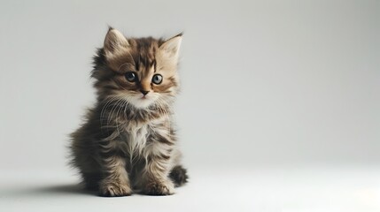 Fluffy Kitten with Playful Expression Sitting on White Background
