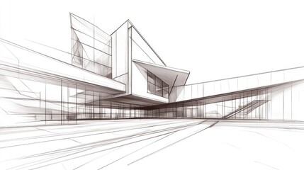 Line art illustration of contemporary architectural design featuring a three dimensional perspective