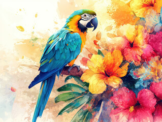 Obraz premium A colorful parrot perched among vibrant tropical flowers creates stunning visual. bright hues of bird and blossoms evoke sense of joy and liveliness in this tropical paradise