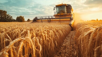 Obraz premium Harvester harvests wheat in field.