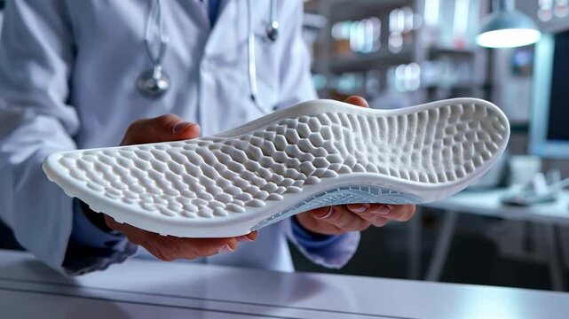 A close-up of a doctor's hands grasping a flexible orthopedic insole, illustrating its design for foot comfort on a white background.