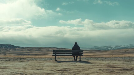 A man sits on a bench in a desolate, barren landscape