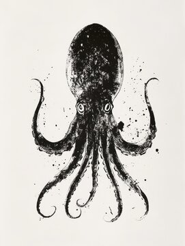 recommend clip art: Line art illustration of a squid print created with black ink using the gyotaku technique set against a white paper background