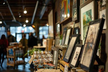 A room filled with various artworks and framed pictures