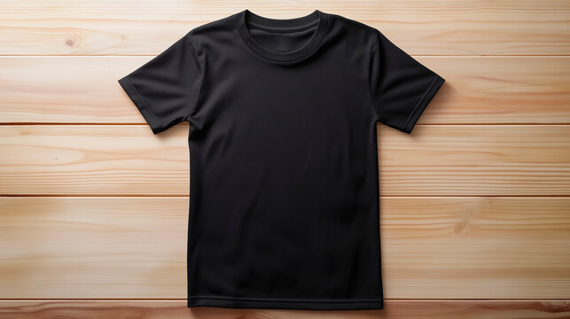 Flat Lay Front View of Blank Black T-Shirt Mockup on Rustic Wooden Background for Apparel Design and Print Presentation