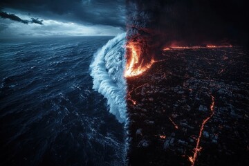 A stark dichotomy of a raging sea and burning land unfolds at night, depicting a landscape torn between the elemental fury of water and fire in a battle of survival.