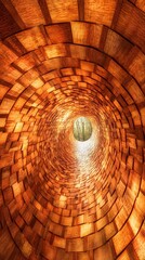 A captivating view of a wooden tunnel, showcasing intricate patterns and warm lighting that draws the eye inward.