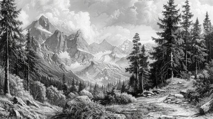 A black and white drawing of a serene mountain scene with snow-capped peaks and misty valleys