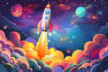 A colorful space scene with a rocket flying through a cloud of colorful smoke