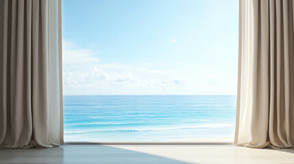 A large window with a beige curtain opened with a light blue ocean view