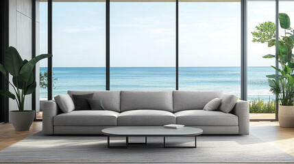 A gray modern and comfortable sofa in front of a bright window with a light blue ocean view 