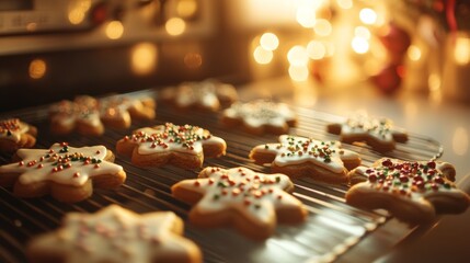 Warm holiday kitchen scene with festively decorated gingerbread cookies and cozy atmosphere