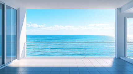 Fototapeta premium An empty balcony with a light blue ocean view 