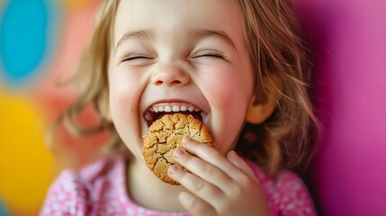 Pure joy radiates from a young child's face as they take a big bite of a delicious chocolate chip cookie, eyes closed in blissful satisfaction against a colorful background.