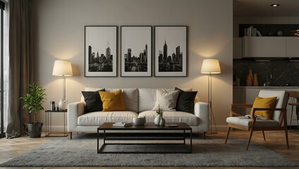 Stylish interior room with white sofa, 3D kitchen, and washroom frames.