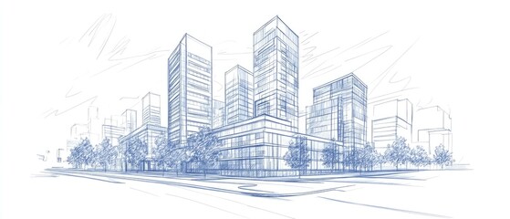 Line art illustration showcasing architectural buildings in a 3D sketch format