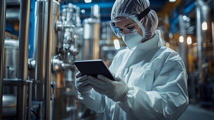 A worker in a sterile lab suit uses a tablet to monitor industrial equipment.