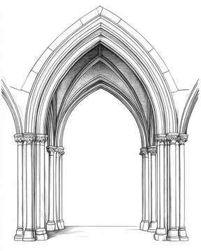 recommend clip art: Line art illustration showcasing Perpendicular and Gothic architectural styles characterized by vertical lines and four centered arches in a vintage drawing or engraving style