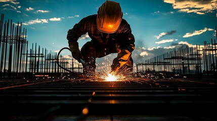 Construction Worker Welding Steel Rebar During Sunset