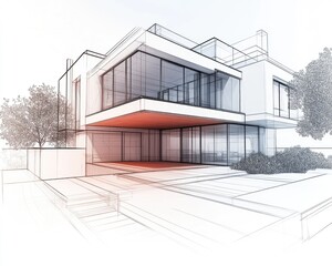 Line art illustration showcasing an architectural design of a house featuring a 3D rendering perspective