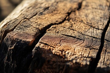 Obraz premium A close-up of a rough, textured wooden surface of a tree trunk, showing deep cracks and natural patterns.