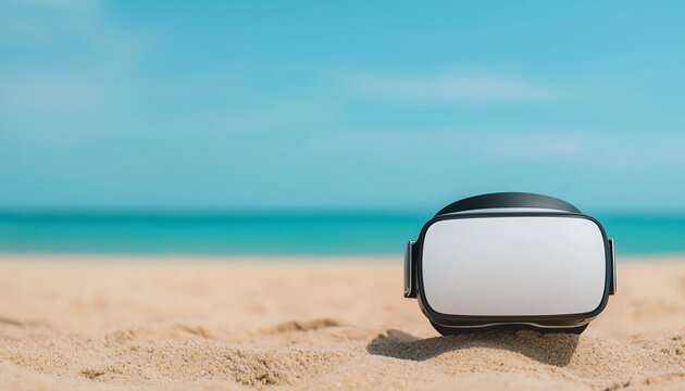 A virtual reality headset resting on sandy beach. The serene ocean in the background offers a perfect blend of technology and nature.