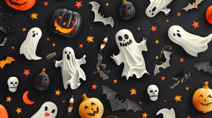A dark background filled with various Halloween decorations