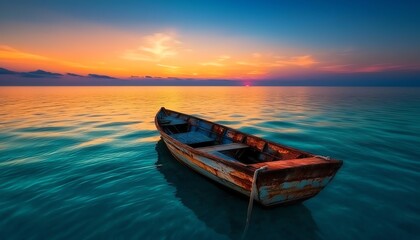 Fototapeta premium A serene sunset over calm waters with a solitary boat gently floating, creating a peaceful atmosphere for reflection.