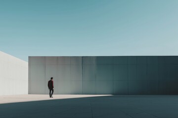 A solitary person walks beside a massive minimalist concrete wall, creating a sense of openness and abstraction in the scene.