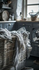 Rustic kitchen scene with woven laundry basket overflowing with crumpled linens, set against dark cabinets and a window, exuding a cozy, lived-in charm.