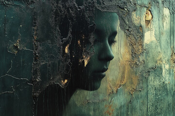 portrait of a person with a painted face Visual design with camouflaged figures, complex textures, shifting forms, abstract patterns, and hidden imagery