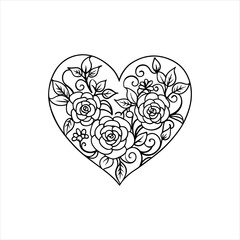 Design a heart shape intricately filled with floral patterns, such as roses, leaves, and vines, perfect for wedding invitations or romantic-themed branding.