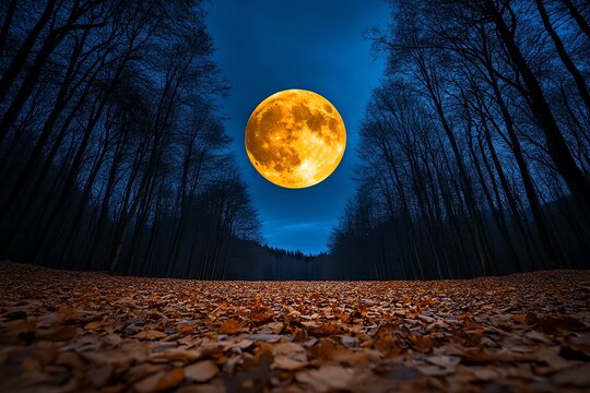 A full moon illuminating an autumn forest, casting eerie shadows among the bare trees and fallen leaves