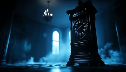 A vintage clock stands in a foggy room, illuminated by soft light, creating an atmospheric and mysterious ambiance.