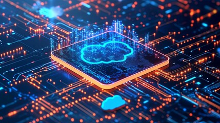 Cloud Computing Symbol on a Circuit Board with Glowing Lines