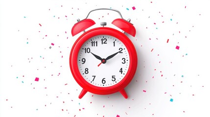A bright red alarm clock against a white background, surrounded by colorful confetti, symbolizing celebration and the passage of time.