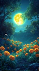 Naklejka premium A serene night landscape featuring vibrant flowers under a glowing full moon, perfect for evoking tranquility and nature's beauty.