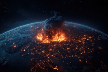 A powerful image portraying a massive explosion on Earth's surface as viewed from space, emphasizing an extraordinary event of destruction seen amidst the vast cosmos.