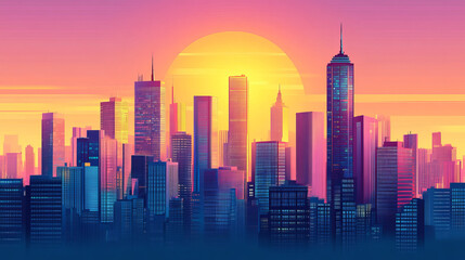 Fototapeta premium Sunset or sunrise Modern city skyscrapers panorama of tall buildings, urban background. Pop art retro vector illustration comic caricature 50s 60s style vintage kitsch