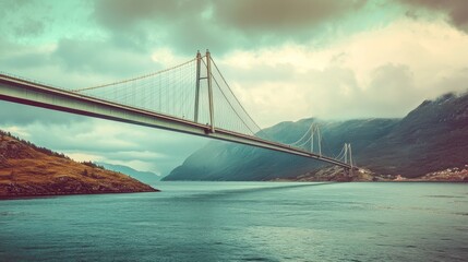 Fototapeta premium Bridge with cables over Leirfjorden fiord.
