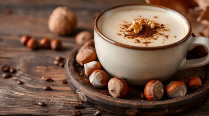 Creamy Hazelnut Latte in Ceramic Cup with Whole Nuts Decor Coffee Drink Concept