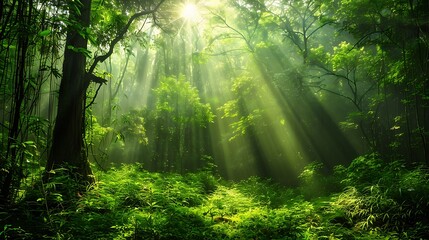 Fototapeta premium Green leaves in the forest with sunlight in the morning