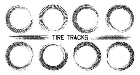 Grunge circle tire tracks, wheel braking marks. Truck, car or motorcycle tread pattern silhouettes. Auto race, motorsport, speed racing design element. Vector illustration