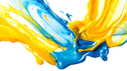 Blue and yellow paint splashes isolated on a transparent background, PNG 